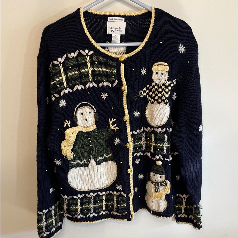 Christopher & Banks Navy Snowman Cardigan with Gold Trim